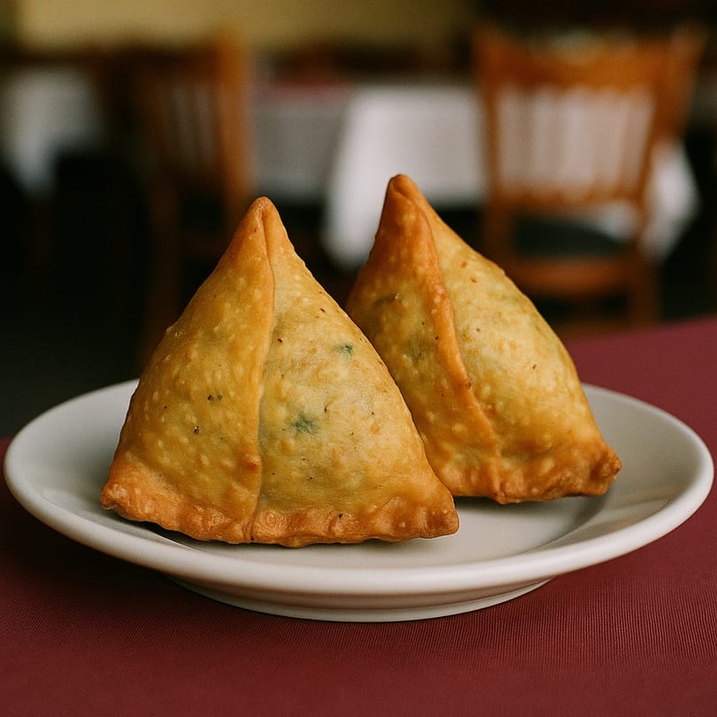 Two golden-brown Indian samosas on a white plate, set on a red tablecloth in a restaurant.