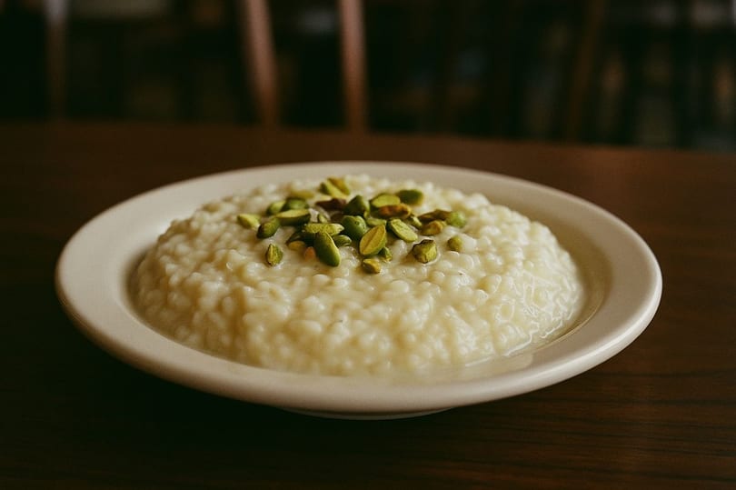 Kanishka Cuisine of India's rice pudding dessert, topped with green pistachios, on a white plate.