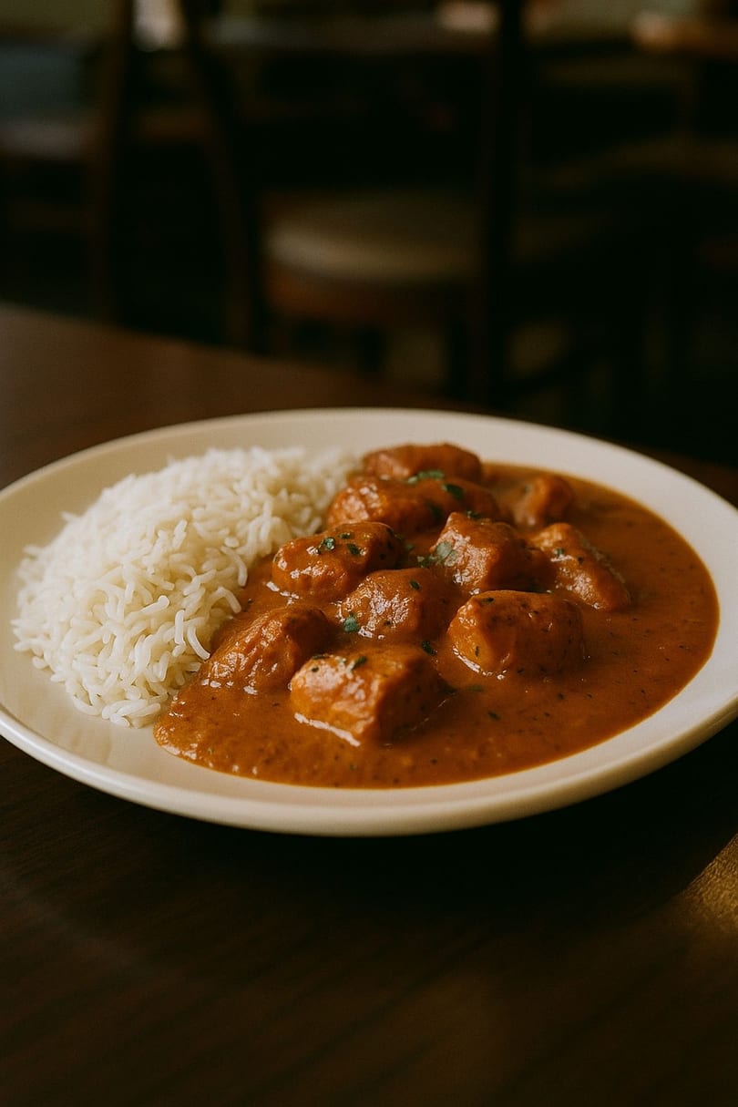 A plate of Kanishka's Indian butter chicken with white rice, garnished with herbs.