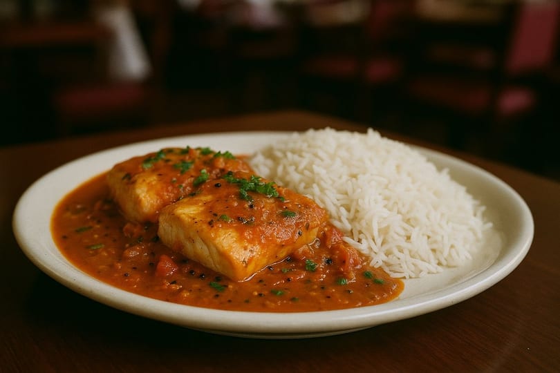 Indian fish curry with rice, garnished with fresh herbs, served on a white plate.